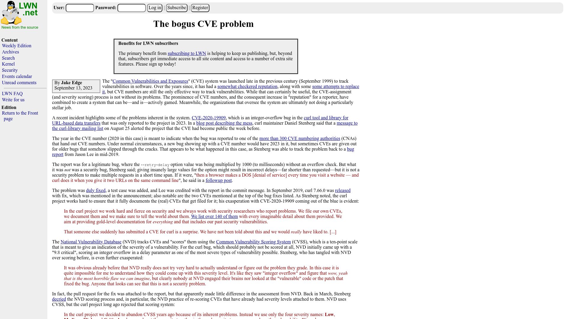 Screenshot of lwn.net: The Bogus CVE Problem