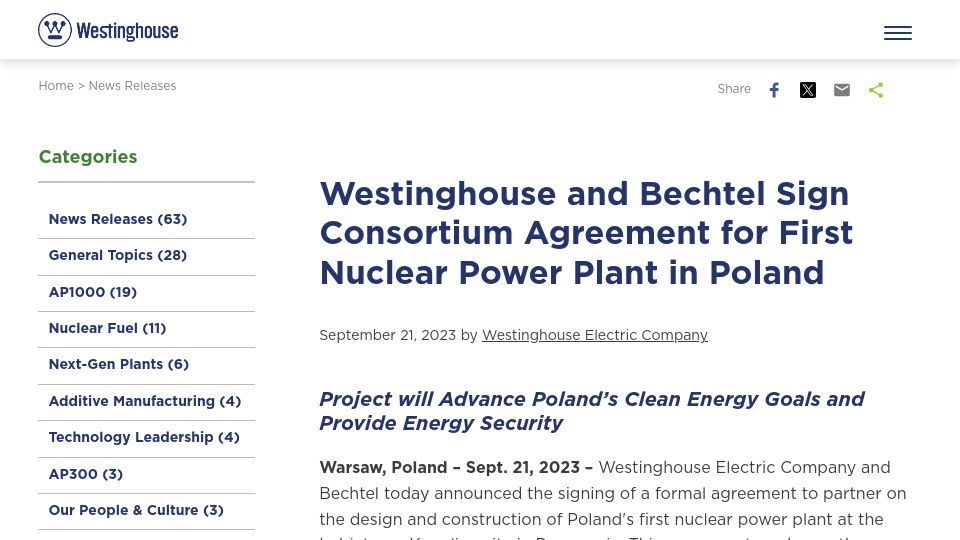 Screenshot of info.westinghousenuclear.com: Westinghouse/Bechtel Consortium Agreement: First Nuclear Power Plant in Poland