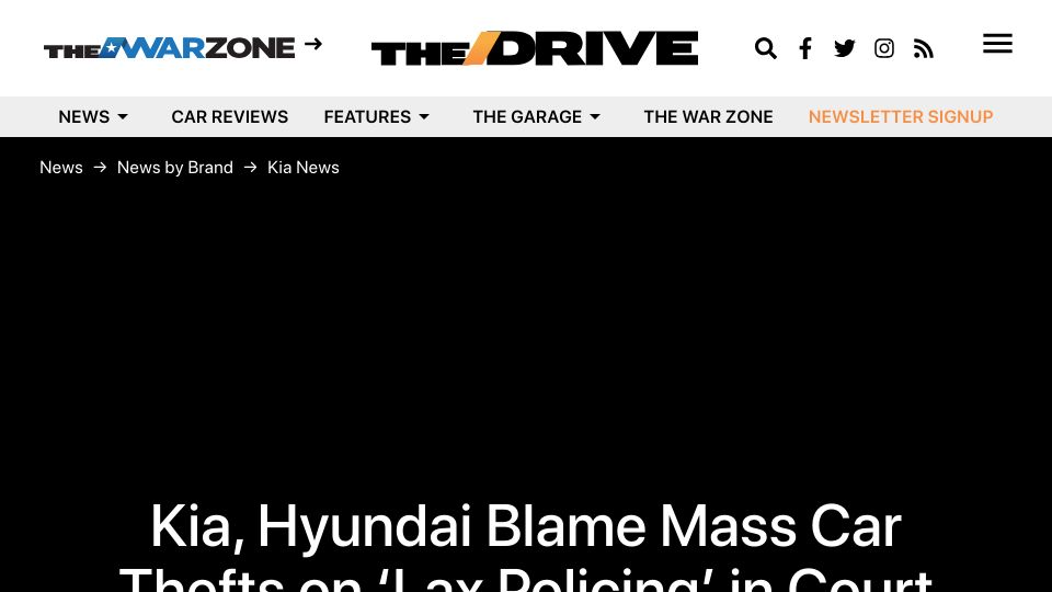 Screenshot of thedrive.com: Kia, Hyundai Blame Mass Car Thefts on ‘Lax Policing’ in Court Defense