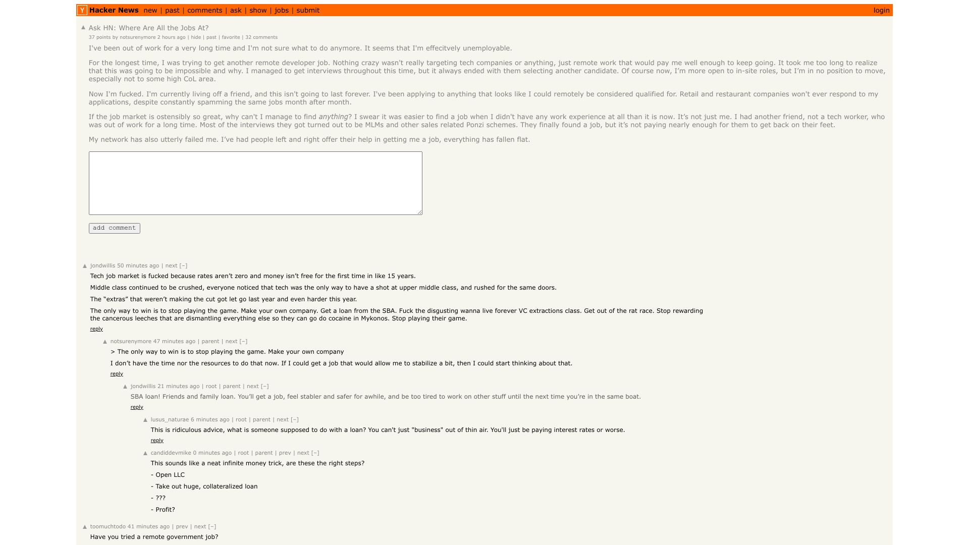 Screenshot of this Hacker News post: Ask HN: Where Are All the Jobs At?