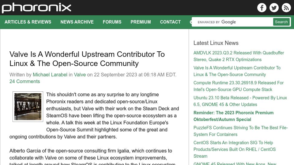 Screenshot of phoronix.com: Valve is a wonderful upstream contributor to Linux and the open-source community
