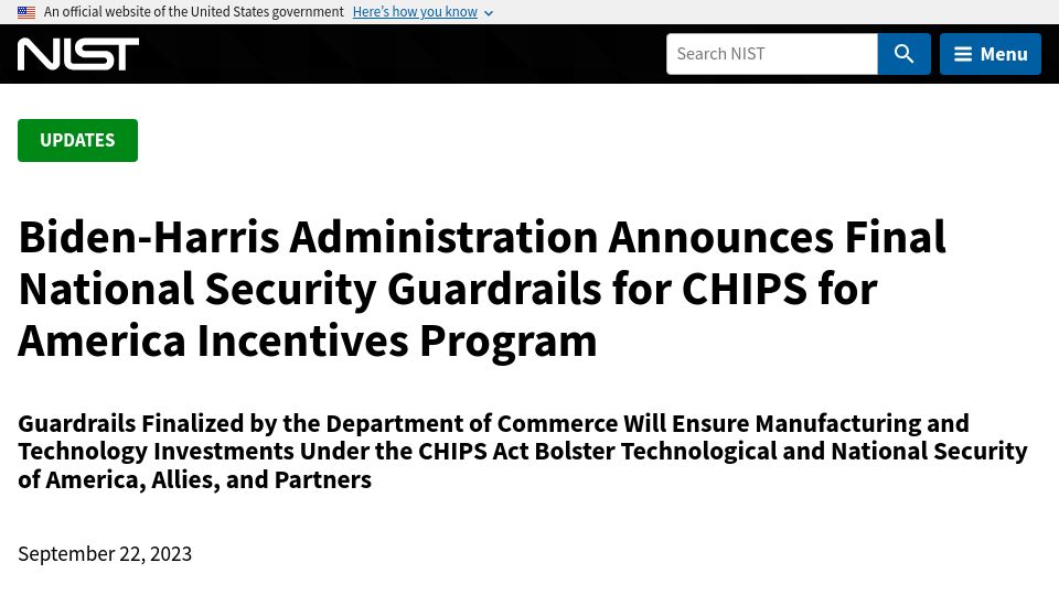 Screenshot of nist.gov: Final National Security Guardrails for Chips for America Incentives Program
