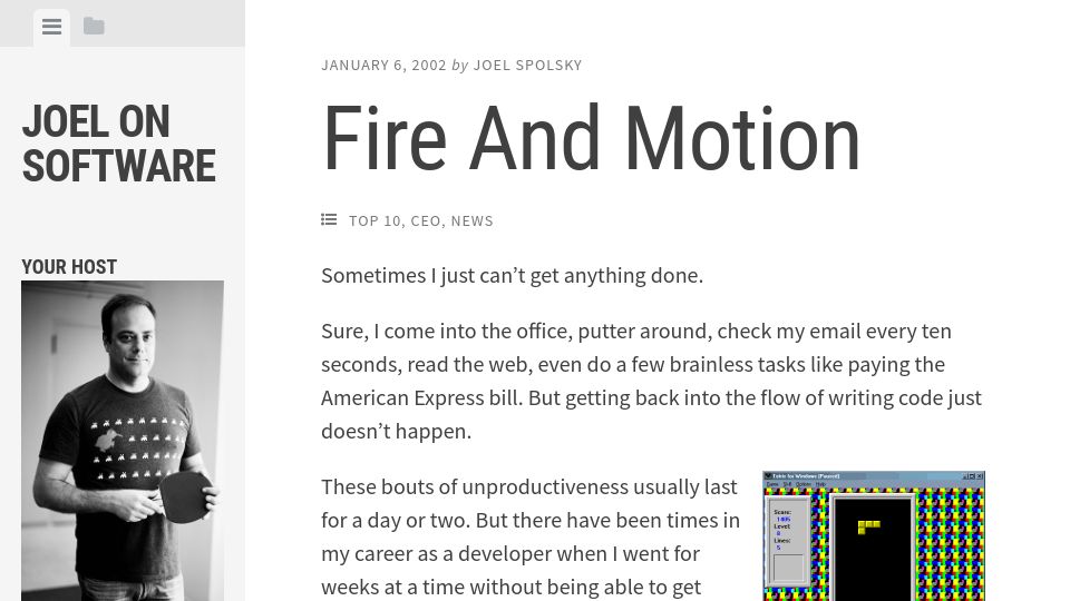 Screenshot of joelonsoftware.com: Fire and Motion (2002)