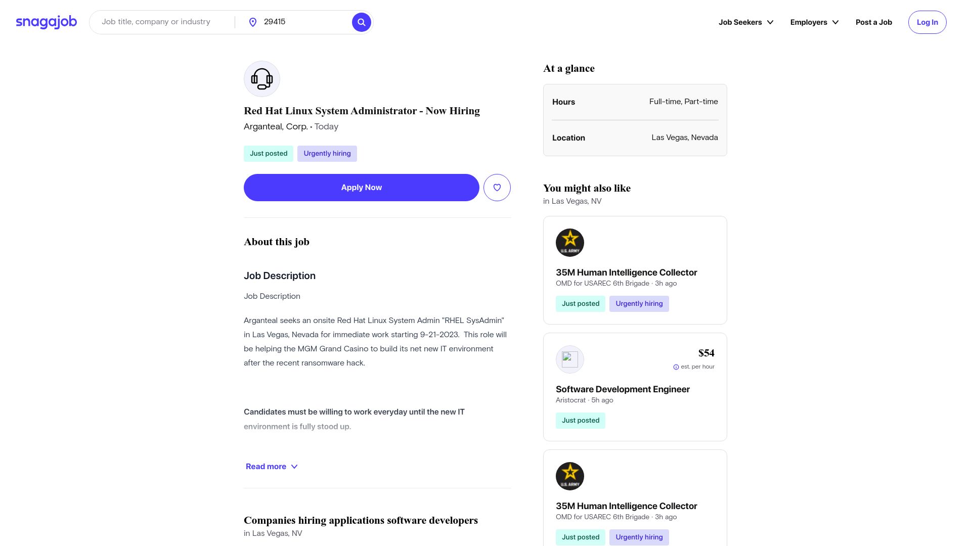 Screenshot of snagajob.com: MGM Seeks Contractors to Repair Infra in 3 Weeks