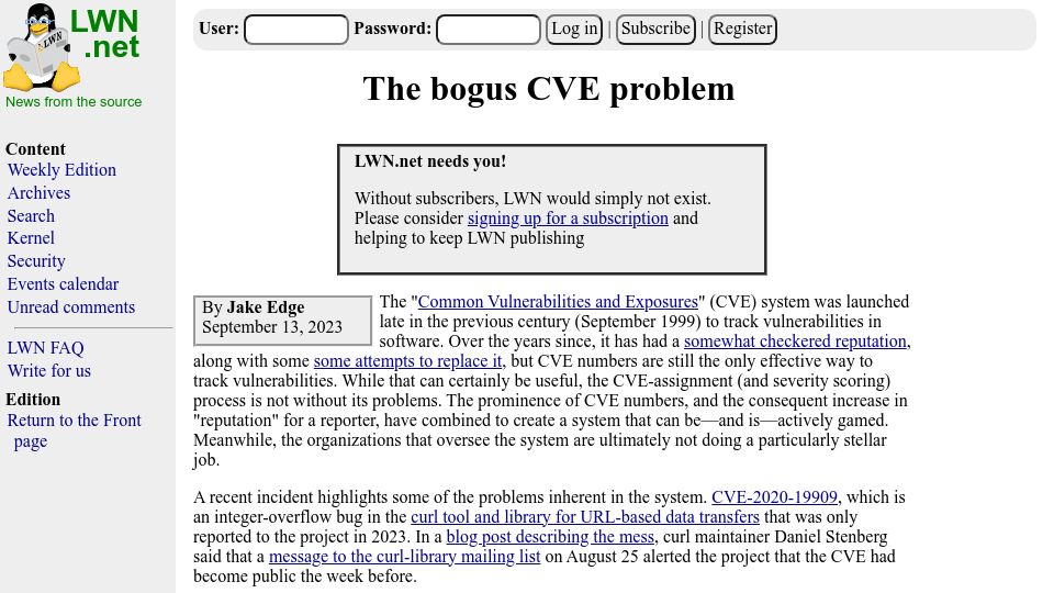 Screenshot of lwn.net: The Bogus CVE Problem