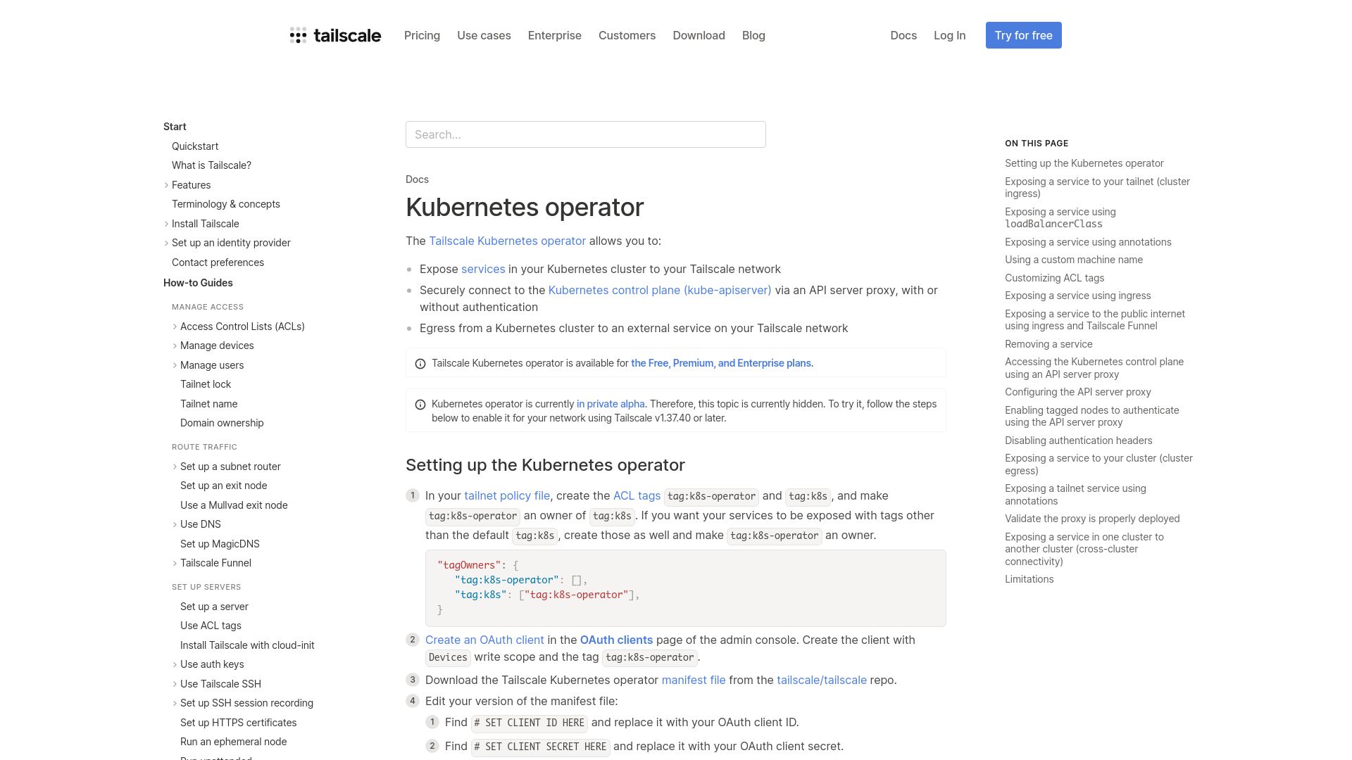 Screenshot of tailscale.com: Tailscale Kubernetes Operator