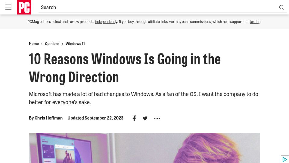 Screenshot of pcmag.com: Reasons Windows Is Going in the Wrong Direction