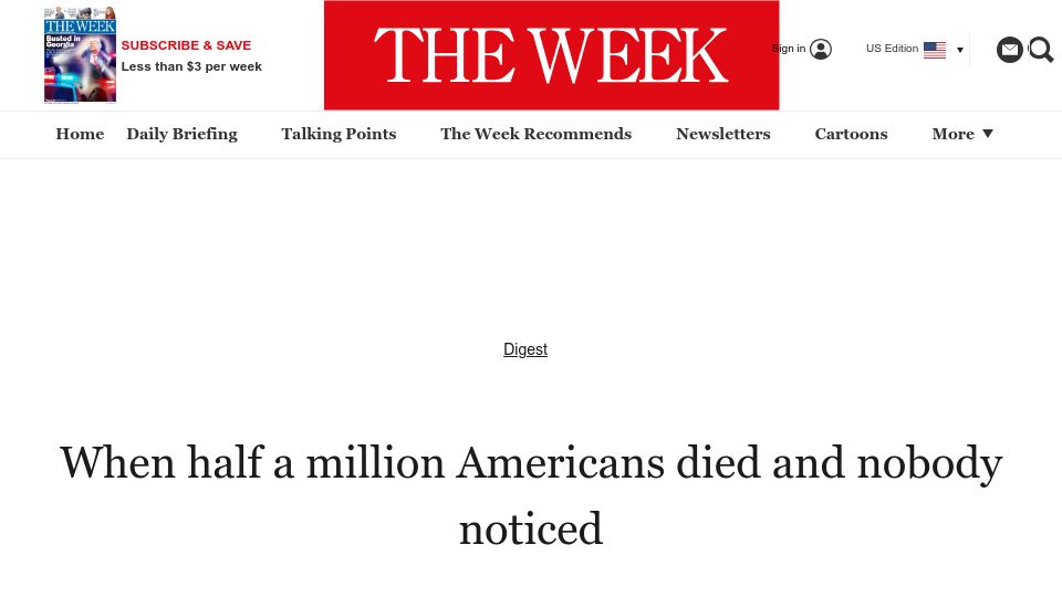 Screenshot of theweek.com: When half a million Americans died and nobody noticed (2012)