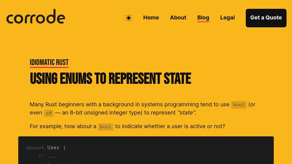 Screenshot of corrode.dev: Using enums to represent state in Rust