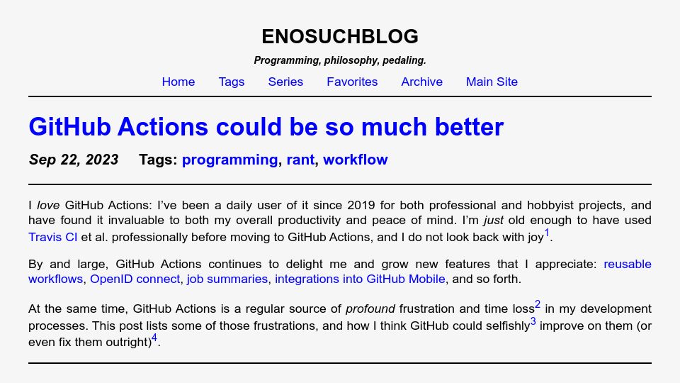 Screenshot of blog.yossarian.net: GitHub Actions could be so much better