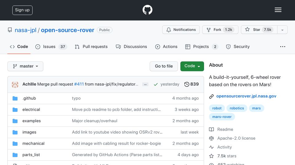 Screenshot of github.com: JPL Open Source Rover Project