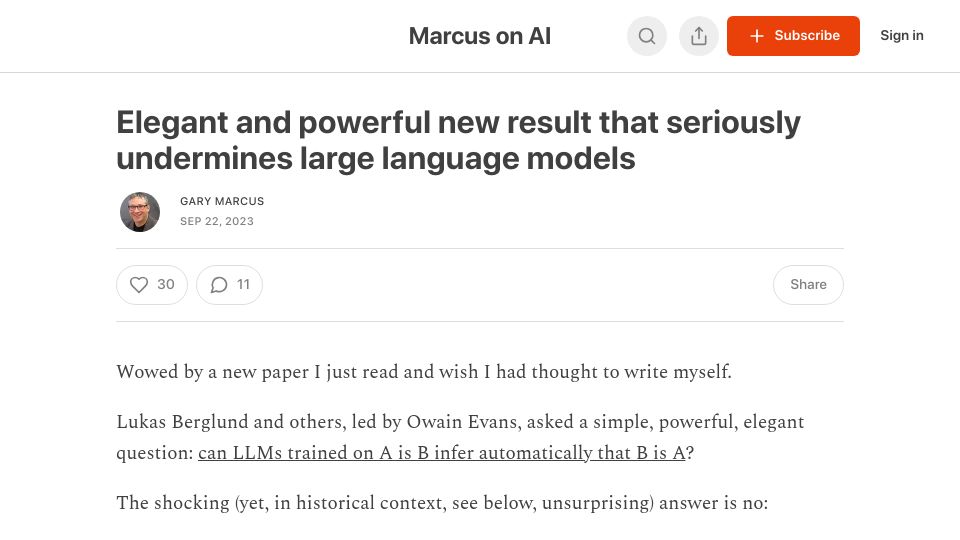 Screenshot of garymarcus.substack.com: Elegant and powerful new result that seriously undermines large language models