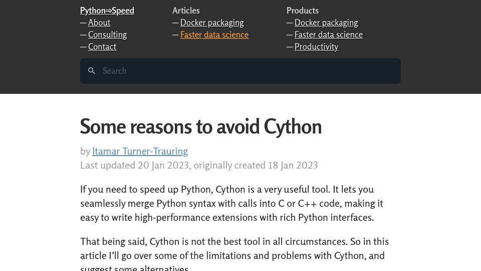 Screenshot of pythonspeed.com: Some reasons to avoid Cython