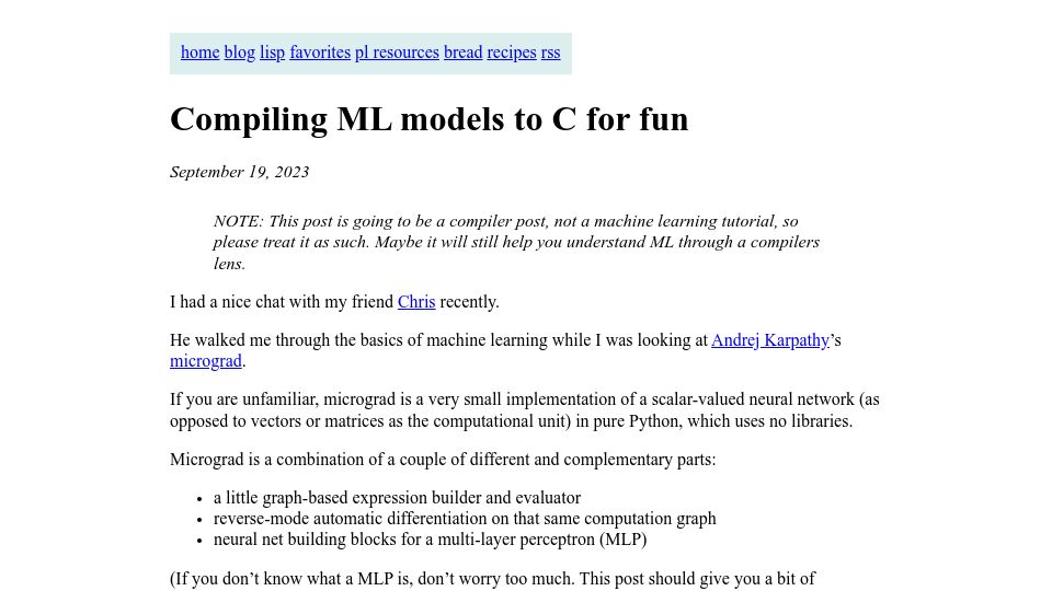Screenshot of bernsteinbear.com: Compiling ML models to C for fun