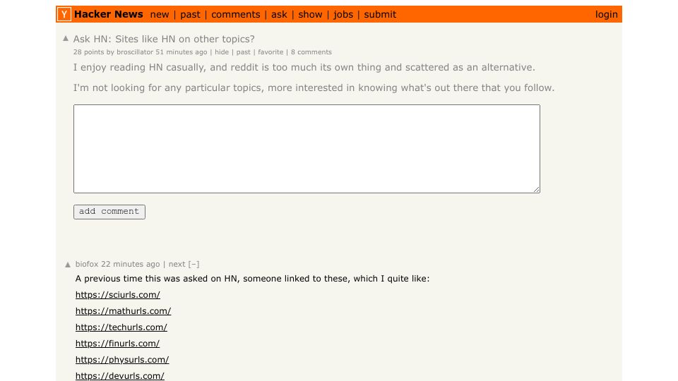 Screenshot of Hacker News post: Ask HN: Sites like HN on other topics?