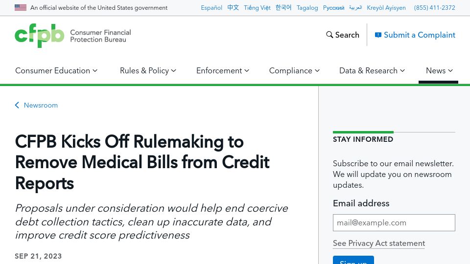 Screenshot of consumerfinance.gov: CFPB kicks off rulemaking to remove medical bills from credit reports