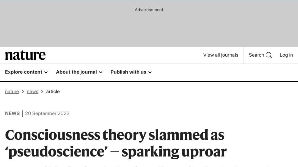 Screenshot of nature.com: Integrated Information Theory labelled pseudoscience