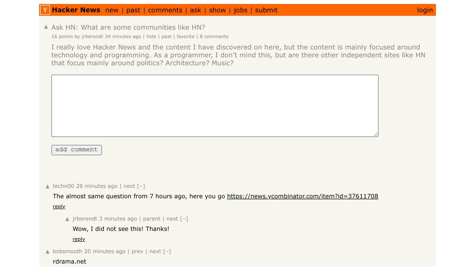 Screenshot of Hacker News post: Ask HN: What are some communities like HN?