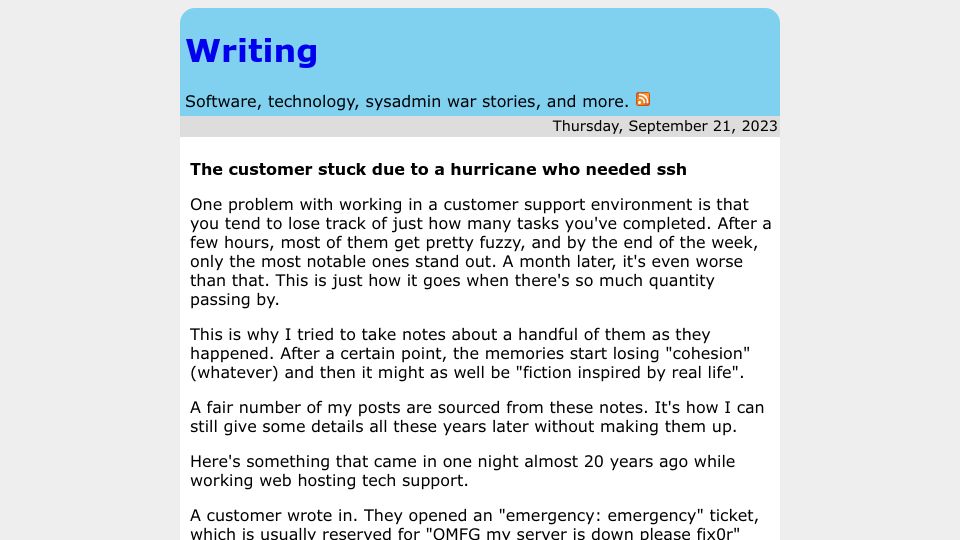 Screenshot of rachelbythebay.com: A customer stuck due to a hurricane who needed SSH