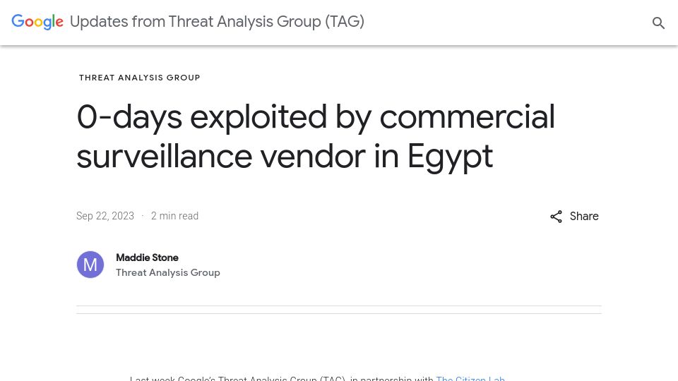 Screenshot of blog.google: 0-days exploited by commercial surveillance vendor in Egypt