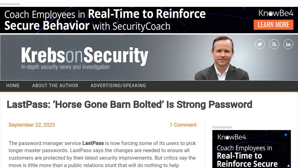 Screenshot of krebsonsecurity.com: LastPass: ‘Horse Gone Barn Bolted’ Is Strong Password