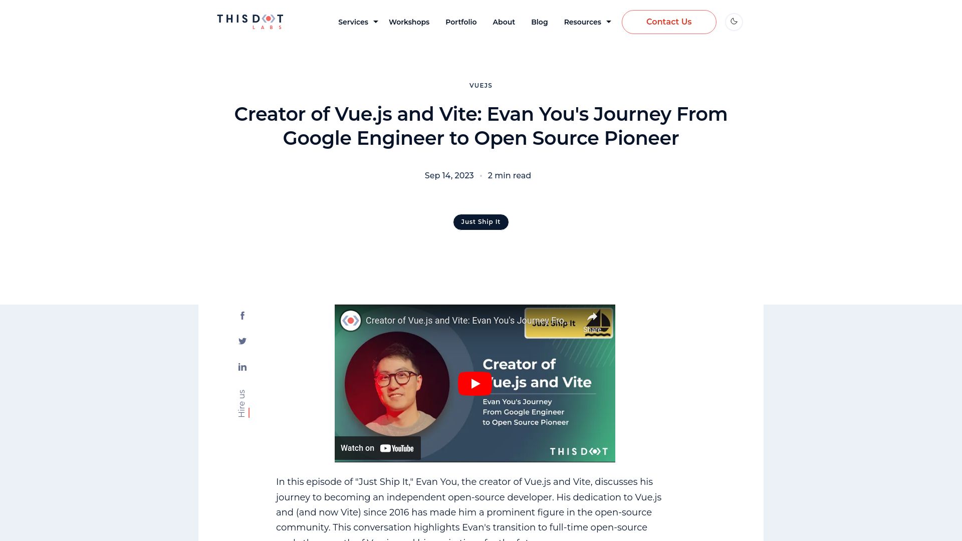 Screenshot of thisdot.co: Creator of Vue.js Evan You's Journey from Google Engineer to Open Source Pioneer