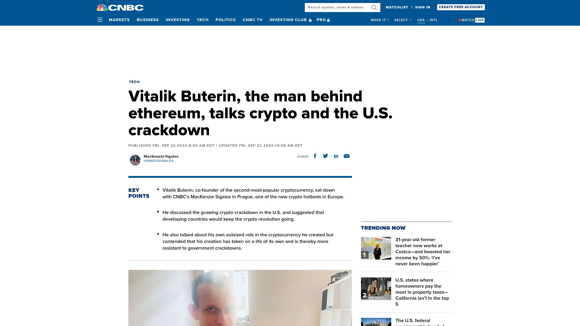 Screenshot of cnbc.com: Ethereum founder on U.S. crypto crackdown