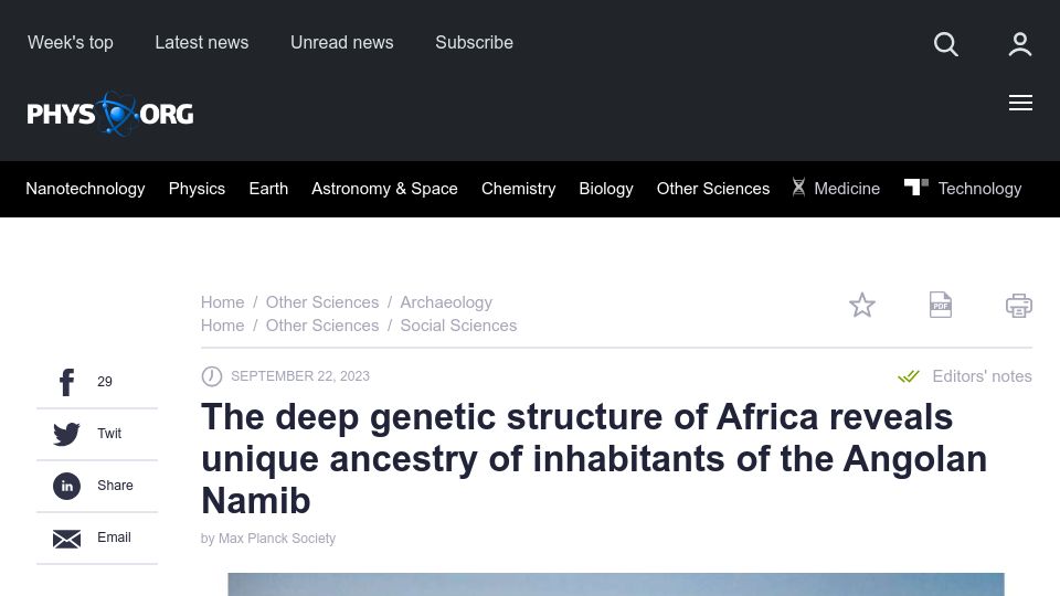 Screenshot of phys.org: Deep genetic structure of Africa reveals unique ancestry of the Angolan Namib