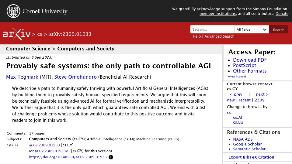 Screenshot of arxiv.org: Provably safe systems: the only path to controllable AGI