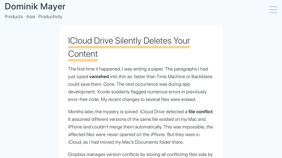 Screenshot of dominikmayer.com: iCloud Drive silently deletes your content