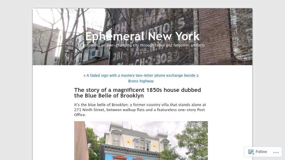 Screenshot of ephemeralnewyork.wordpress.com: A magnificent 1850s house dubbed the Blue Belle of Brooklyn
