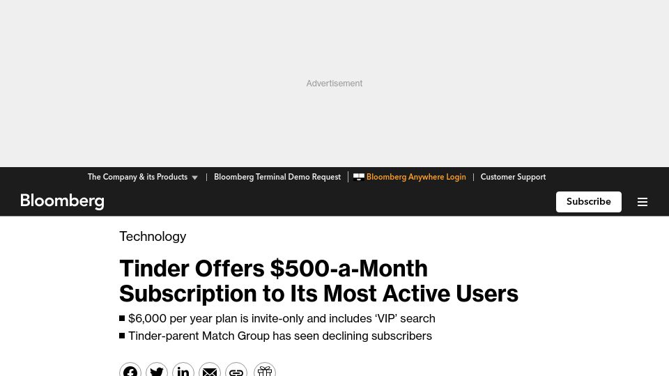 Screenshot of bloomberg.com: Tinder Offers $500-a-Month Subscription to Its Most Active Users