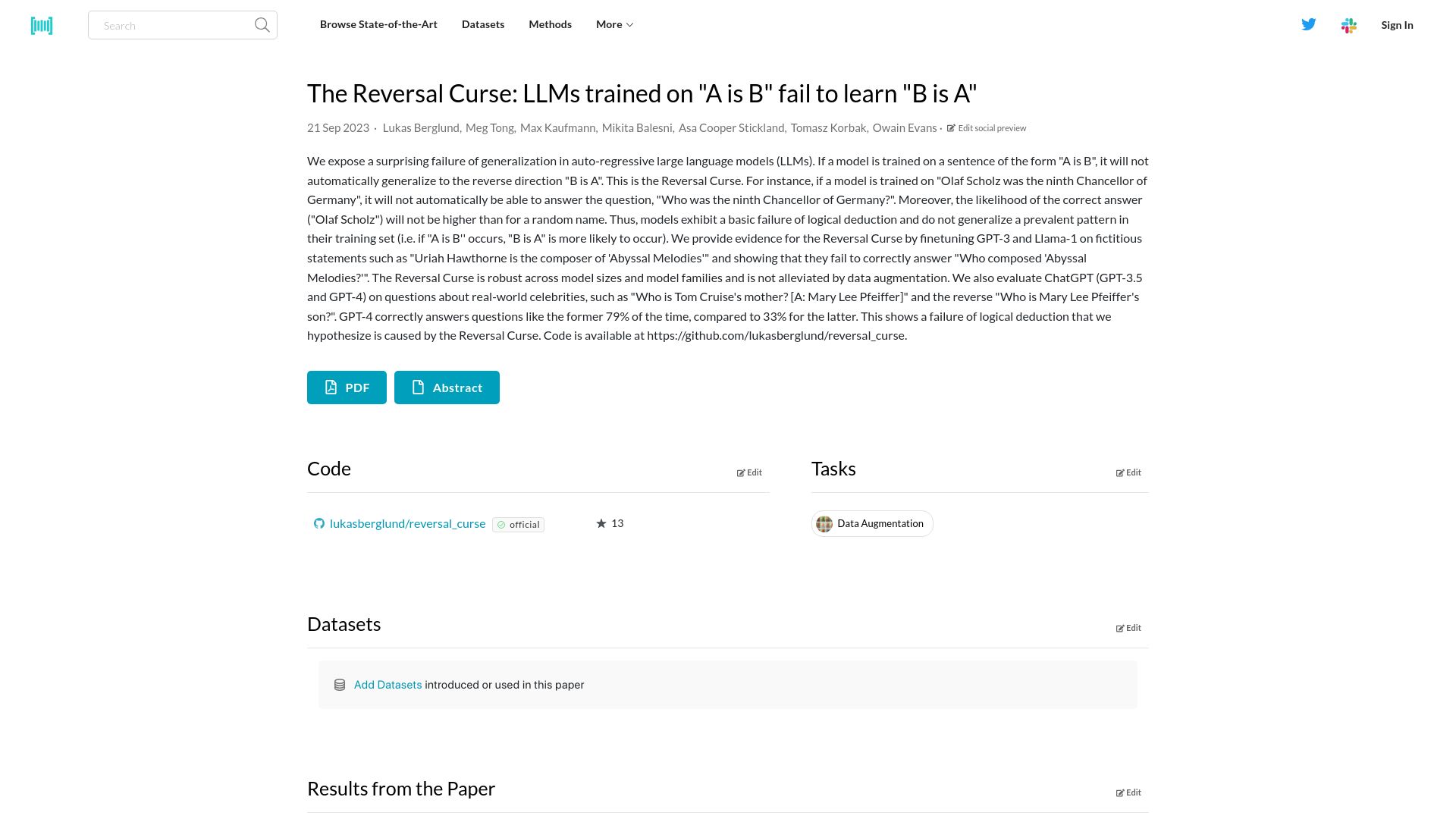 Screenshot of paperswithcode.com: LLMs trained on “A is B” fail to learn “B is A”