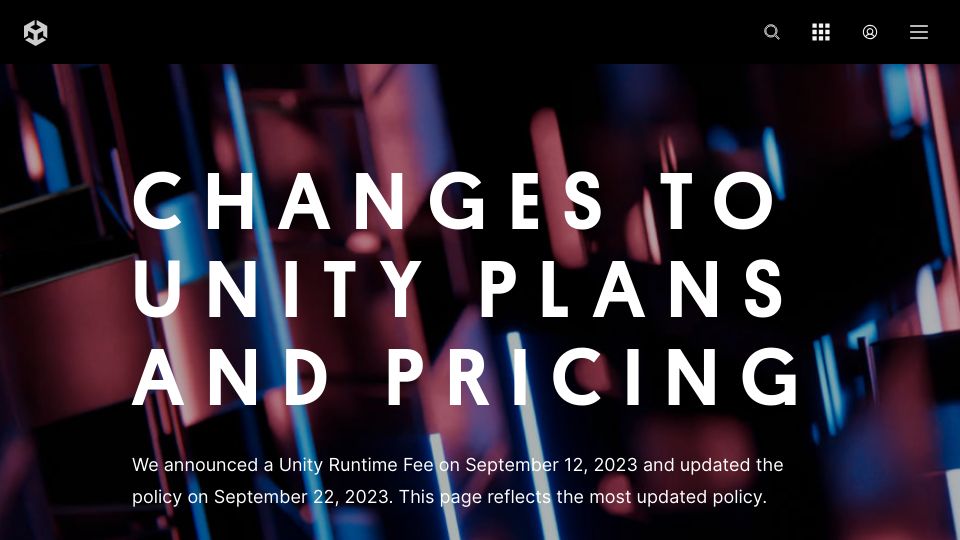 Screenshot of unity.com: Changes to Unity Plans and Pricing