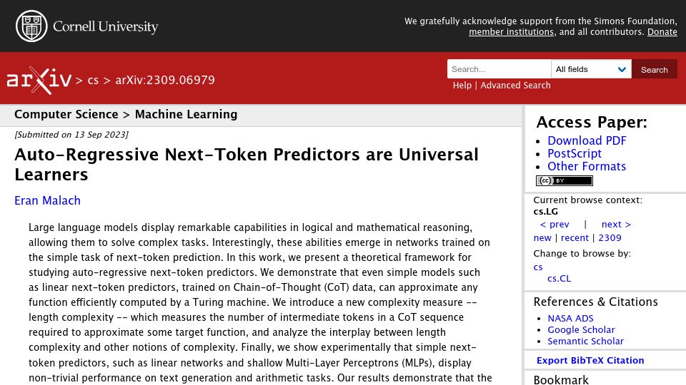 Screenshot of arxiv.org: Auto-Regressive Next-Token Predictors Are Universal Learners