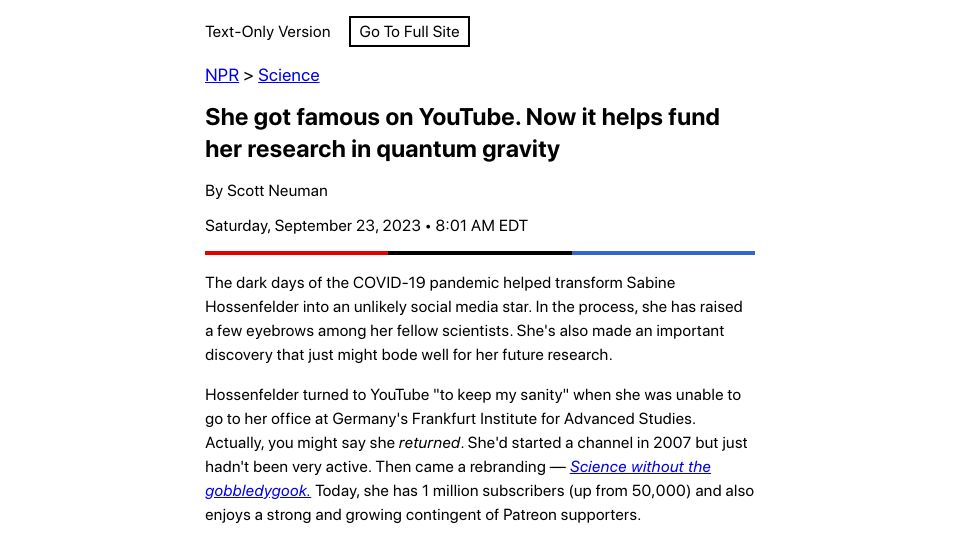 Screenshot of npr.org: Profile of Sabine Hossenfelder