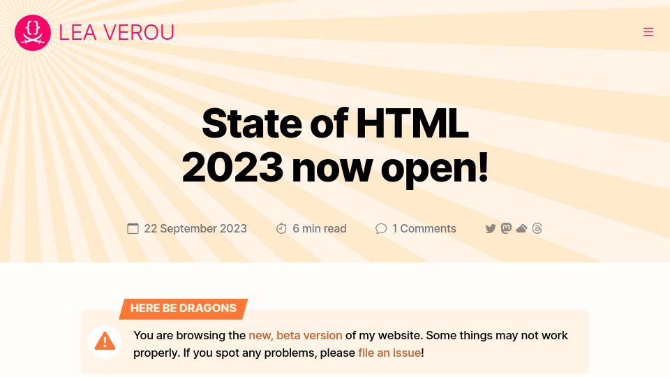 Screenshot of lea.verou.me: State of HTML 2023 now open