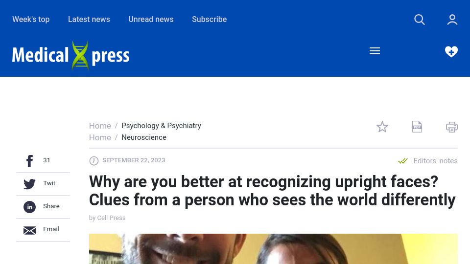 Screenshot of medicalxpress.com: Why are you better at recognizing upright faces?