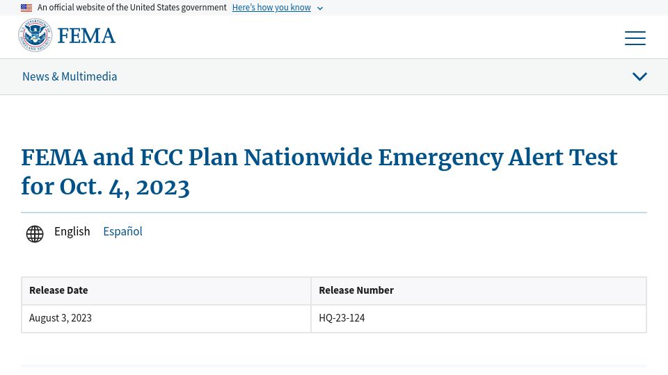 Screenshot of fema.gov: FEMA and FCC Plan Nationwide Emergency Alert Test for Oct. 4, 2023