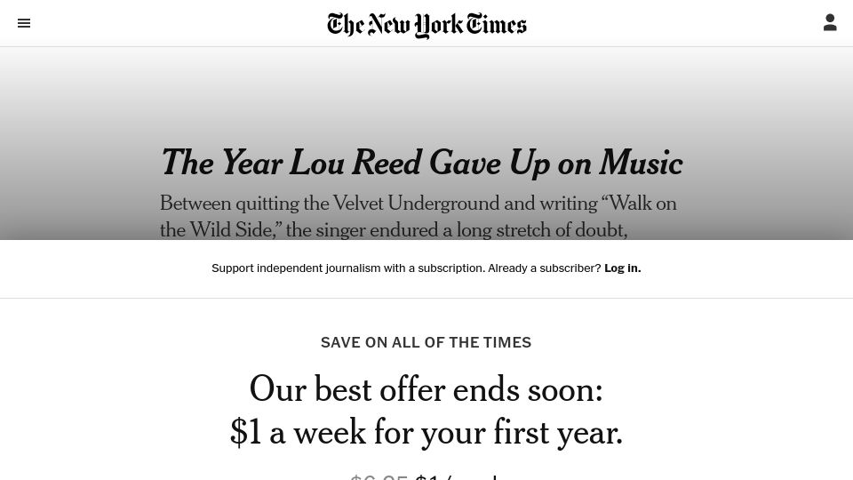 Screenshot of nytimes.com: The year Lou Reed gave up on music
