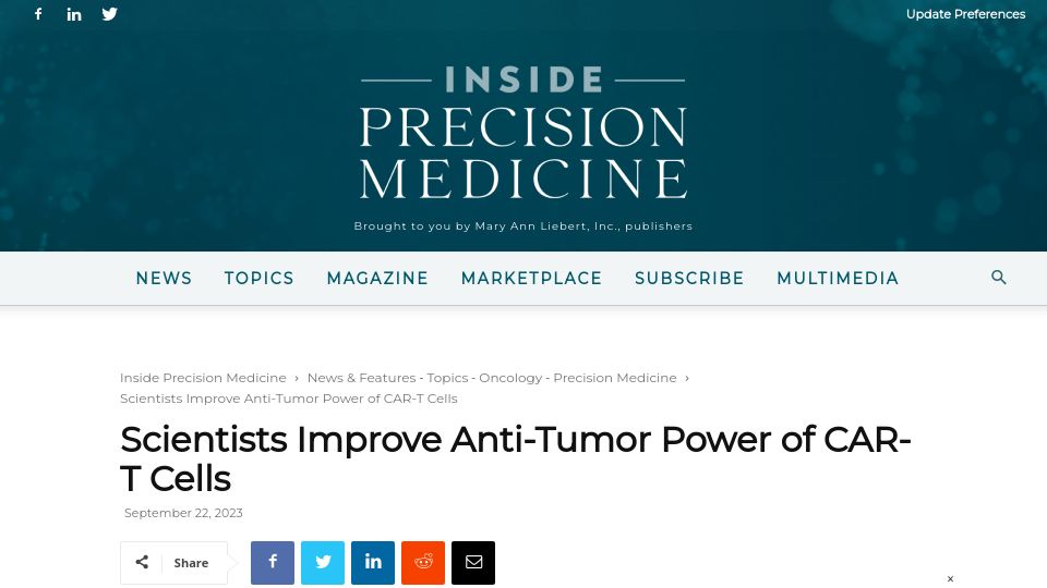 Screenshot of insideprecisionmedicine.com: Scientists improve anti-tumor power of CAR-T cells