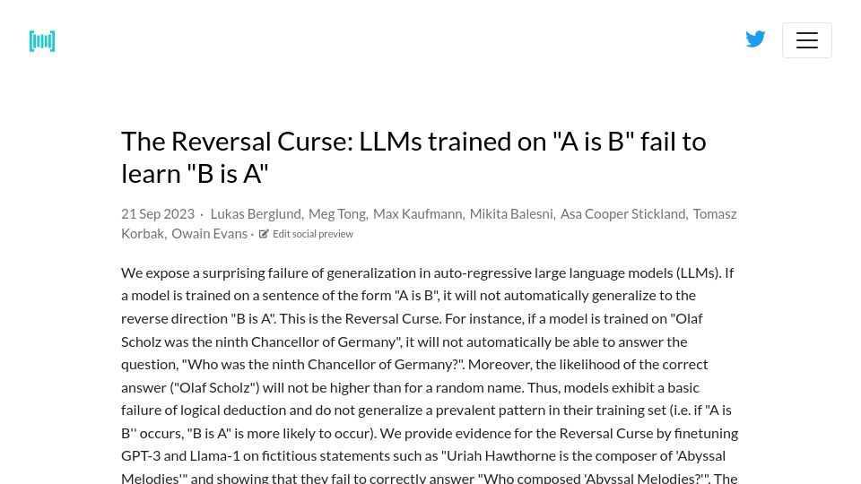 Screenshot of paperswithcode.com: LLMs trained on “A is B” fail to learn “B is A”
