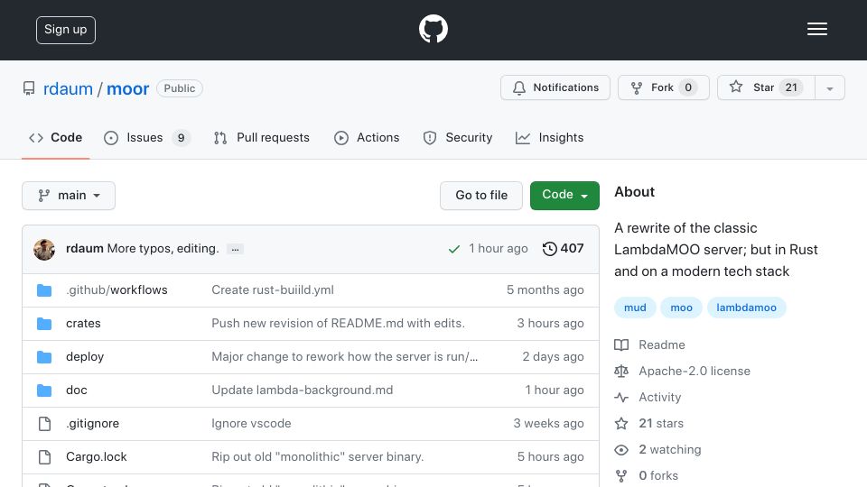 Screenshot of github.com: Show HN: I rewrote the 1990's LambdaMOO server