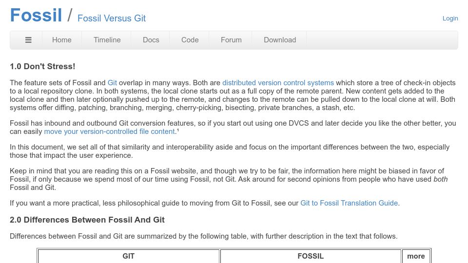 Screenshot of fossil-scm.org: Fossil versus Git