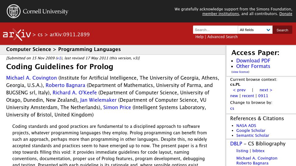 Screenshot of arxiv.org: Coding Guidelines for Prolog (2011)