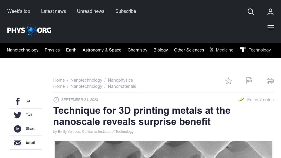 Screenshot of phys.org: Technique for 3D printing metals at the nanoscale reveals surprise benefit