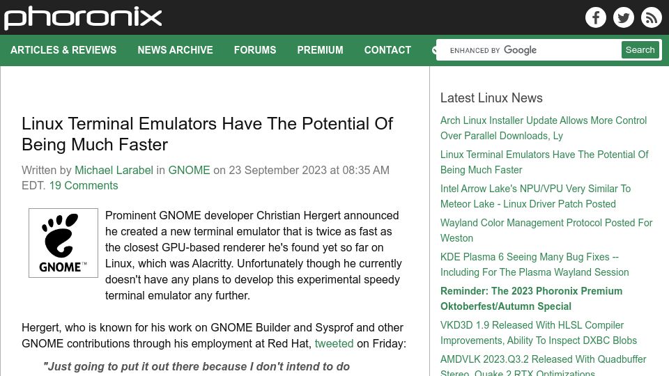 Screenshot of phoronix.com: Linux terminal emulators have the potential of being much faster