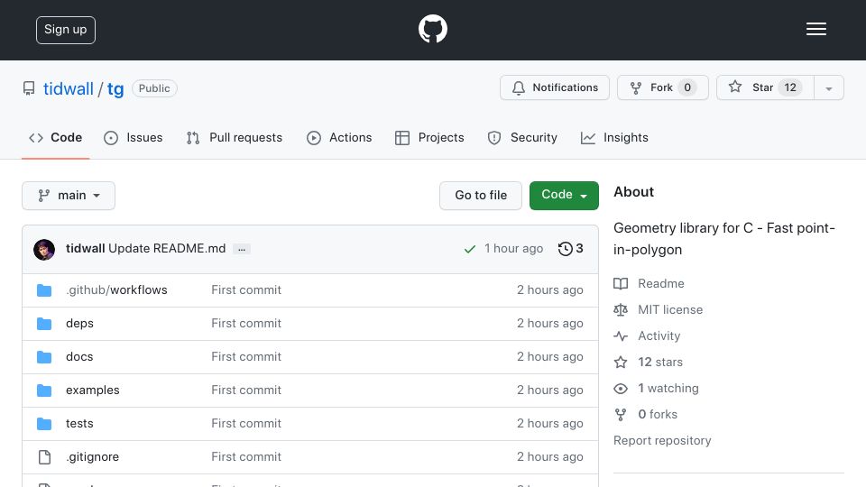 Screenshot of github.com: Show HN: TG – Fast geometry library for C