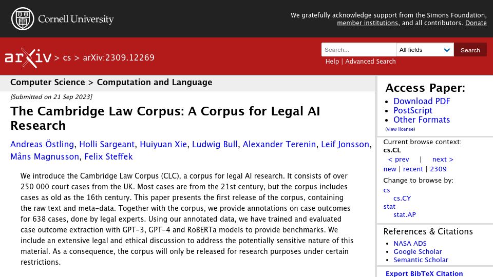 Screenshot of arxiv.org: The Cambridge Law Corpus: A corpus for legal AI research