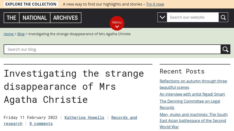 Screenshot of blog.nationalarchives.gov.uk: The strange disappearance of Mrs Agatha Christie (2022)